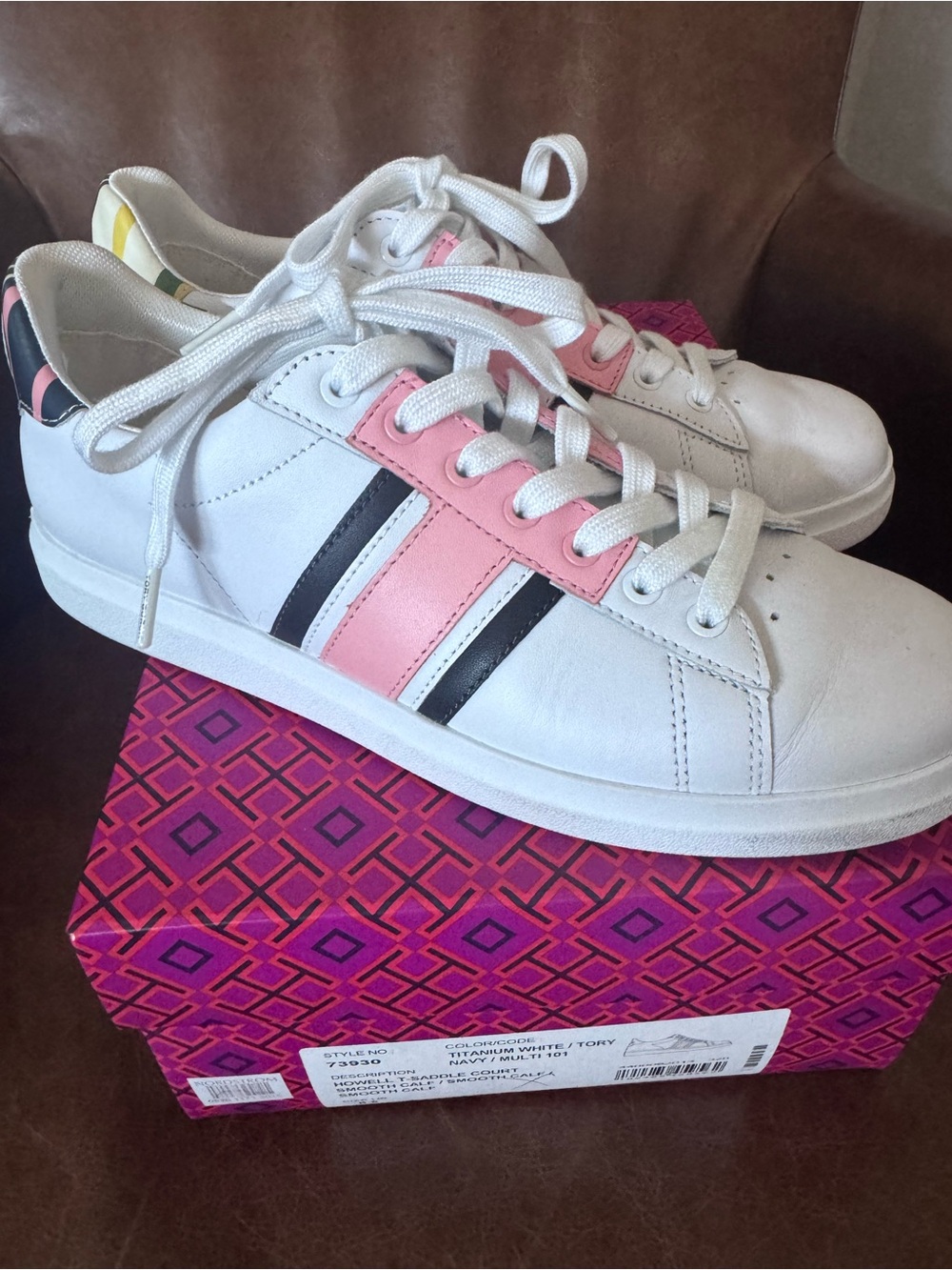 Tory Burch White Leather Sneakers with Pink & Black Stripes